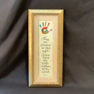 Matted and Framed Art, Luke 18:16 Bible Verse with Child’s Painted Hands
